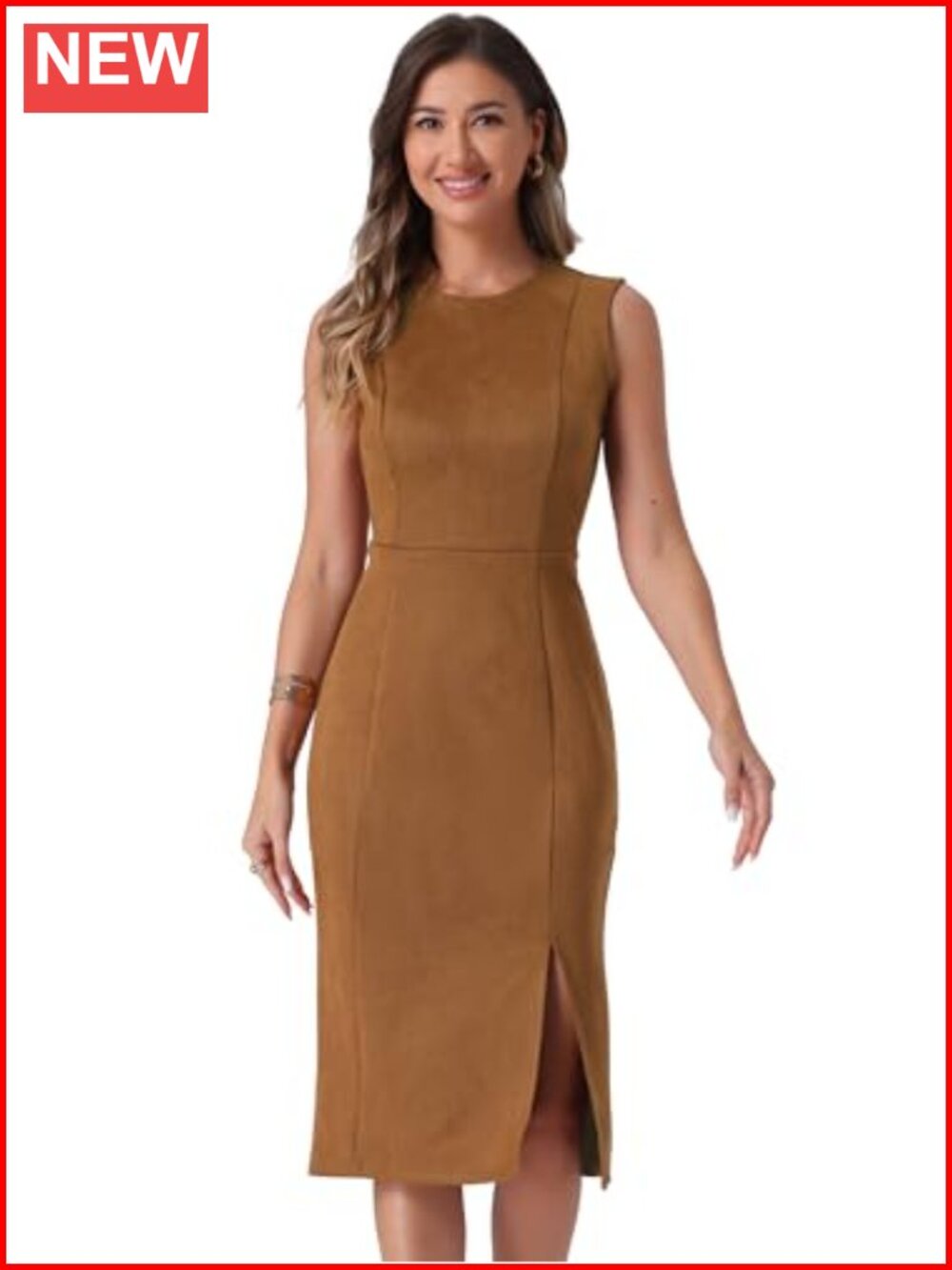 Faux Suede Sleeveless Sheath Dress Crewneck Split Hem Office Work Midi